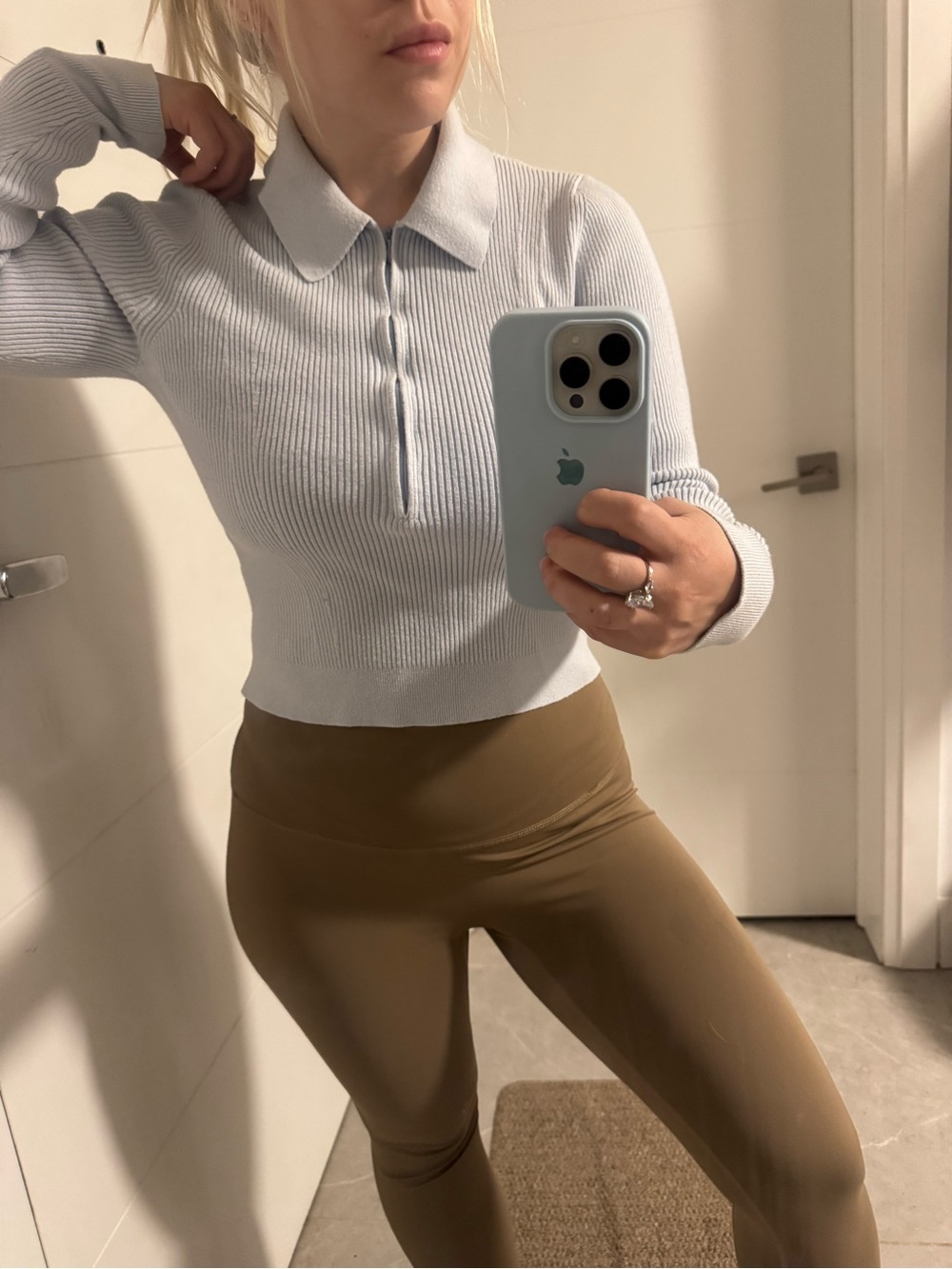 Abercrombie & Fitch light blue quarter-zip ribbed top